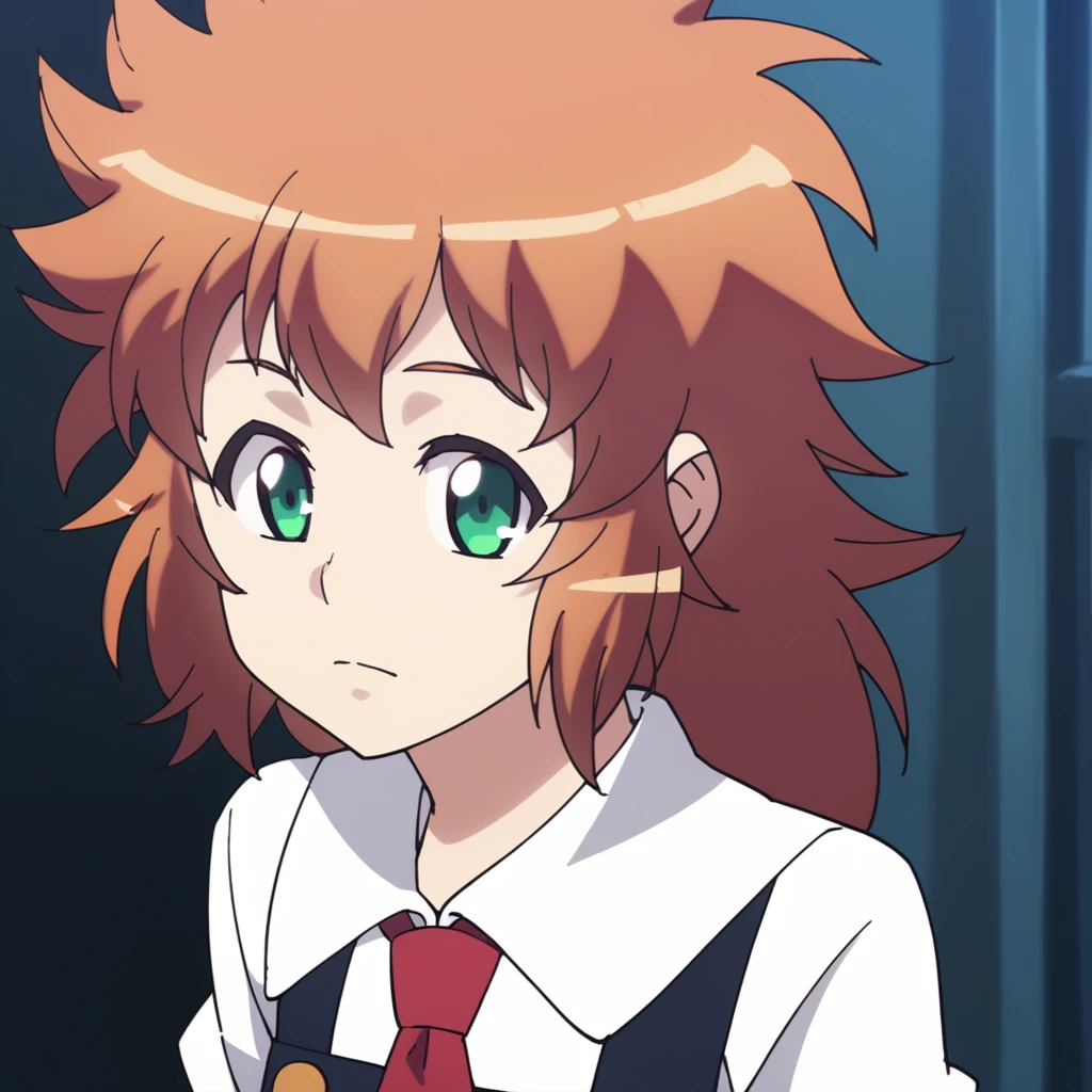 score_9, score_8_up, score_7_up, score_6_up, source_anime, 1girl, solo, miyou mimane, 1girl, green eyes, orange hair, medium hair, messy hair, bangs, flat chest, white collared shirt, red necktie, white sailor collar, blue suspender skirt, yellow buttons