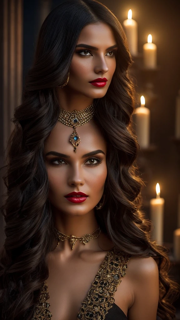 Create an image of a woman in the cemetery and tombs appear.
It has the following characteristics:
Western woman, square face with well-marked jaw and cheekbone, with defined features and intense gaze.
Light brown skin, long, black and wavy hair, with a slight shine, loose or partially tied up with ornaments.
Penetrating brown eyes, with an expression of mystery.
Full, red lips, conveying sensuality and confidence. Wear a long, voluminous period dress, black, with red and gold details.
Bodices and necklines that highlight femininity, but with a touch of class. In her hand a dagger. Accessories such as gold necklaces, large earrings, bracelets and rings with precious stones. The setting is a cemetery and has the presence of mystical elements such as lit candles and skulls on the floor, and red roses scattered across the floor.
An altar in the background, bottles of wine or liquor, and items such as skulls.
Night atmosphere with soft full moon light, creating an aura of mystery and spirituality.Soft smoke all around,
Soft glow surrounds this woman, highlighting her spiritual and powerful presence.
witchcraft scenario and mysticism.
it is a divinity.