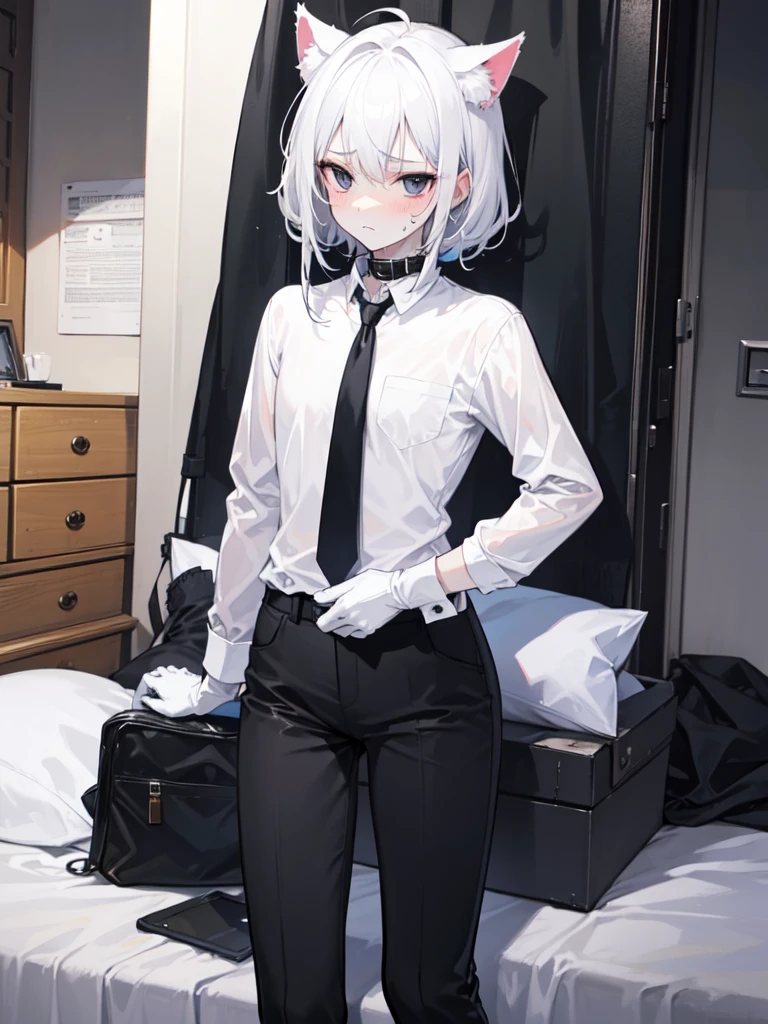 A 18-year-old boy, white and tender skin, cute, wearing white long-sleeved shirt, black jacket and black work tie, black trousers, black booties, white gloves, collar, white hair,wear cat ears, black eyes, thin waist, thin legs, handsome, disdainful and indifferent expression, shy, blush a lot, afraid, sweating, tired, pornography, Pornographic action,nsfw