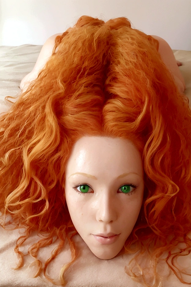 50 years old, Half naked ginger woman, bright orange and blonde ginger hair, green and yellow eyes, extremely close headshot, extremely long and curly ginger hair, laying on a white bed, abegao face, orgasm face, legs up and legs open