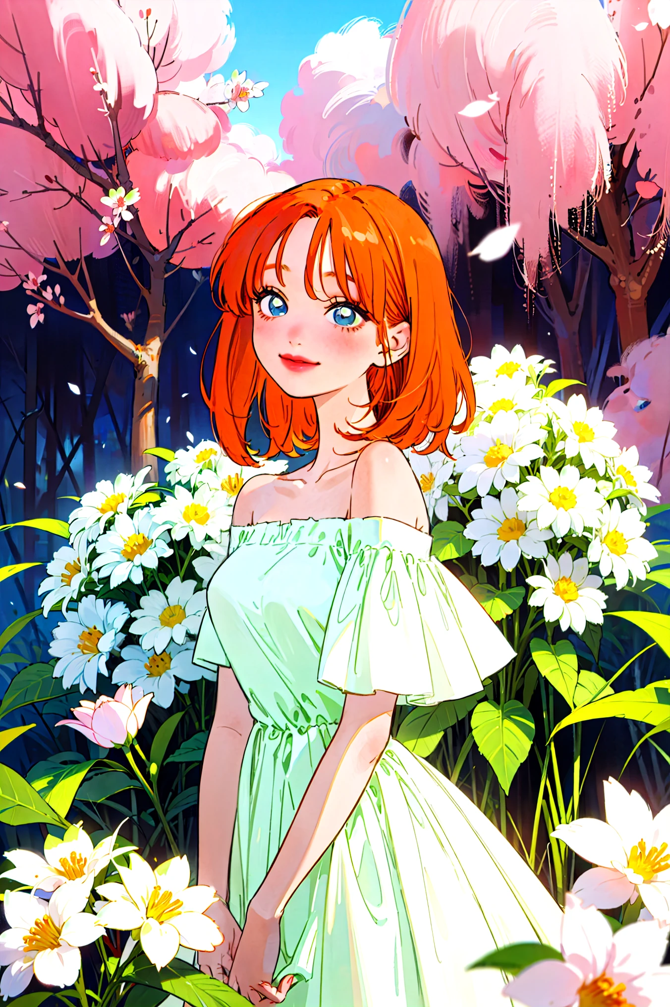 Best quality, masterpiece, ultra high res, (photorealistic:1.4), raw photo, 1girl, white dress, off shoulder, blossom flower field, glowing skin, light smile, yotsuba nakano, orangw hair, shoulder length orange hair, blue eyes, green ribbon