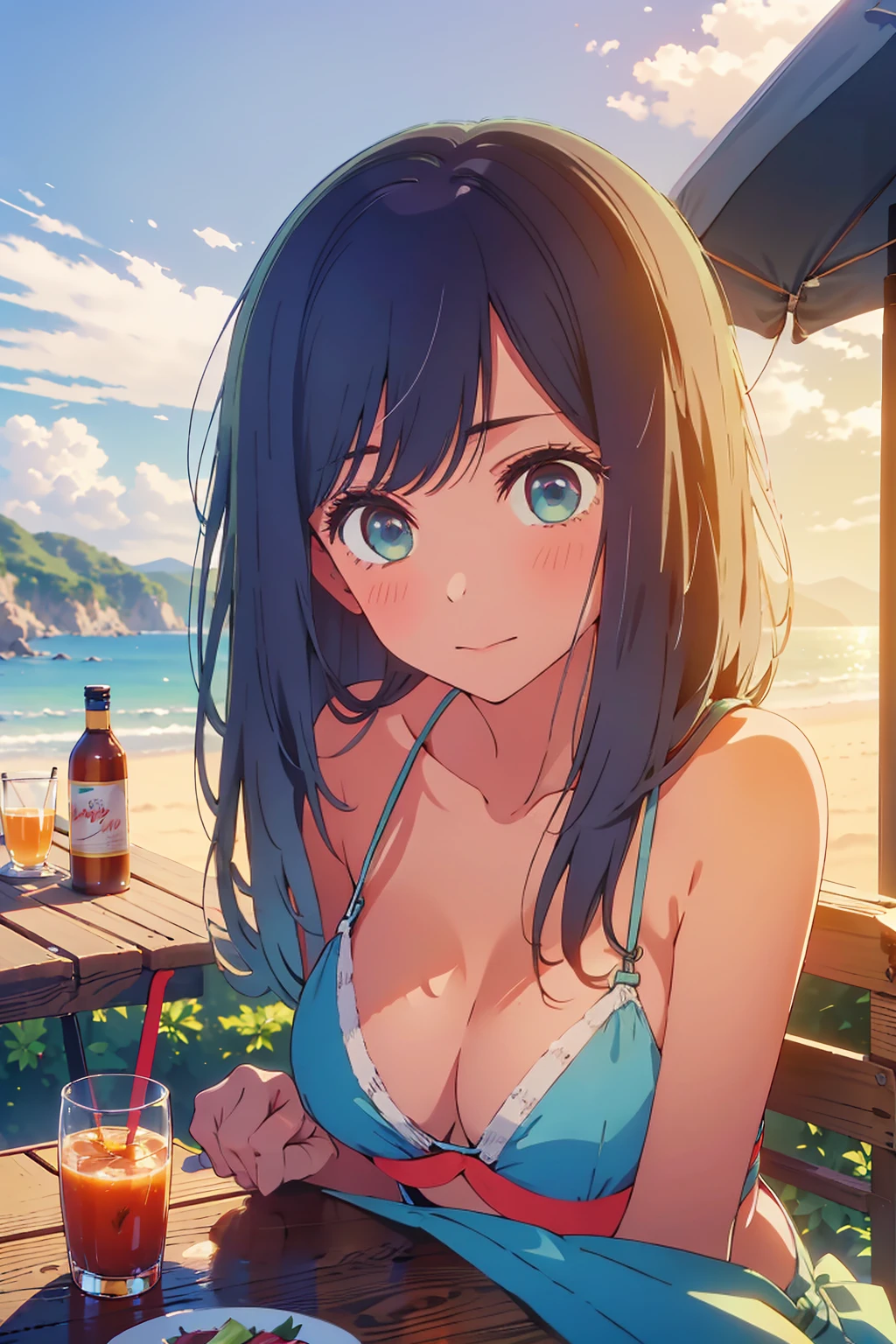 (Highest quality:1.4、masterpiece:1.4、Super detailed:1.4、8K:1.4)、Slim body、((((1 person、Surprised expression、sit、Outdoor café terrace、coastal、juice、table、Sandy Beach、bikini、juiceのグラスを持つ、Big eyes、Shallow depth of field、Very cute face))))、(sunset、Sunset)、bikiniサイズは小さい、F cup bust、Big Breasts、Get up close and take a photo