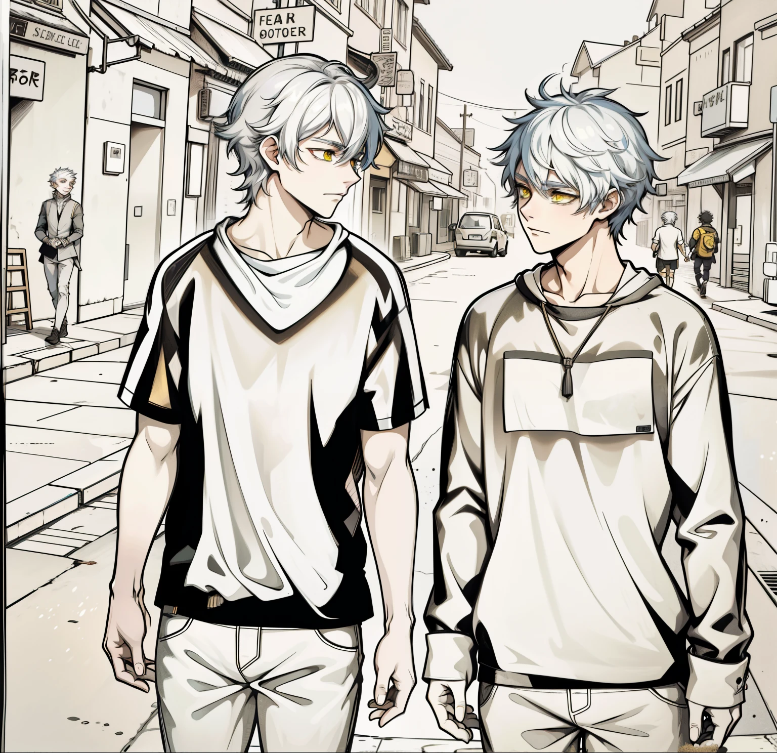 They are talking happily. There are two boys with white hair, 18 years old, they have yellow eyes. They are talking and walking through the streets of a town.