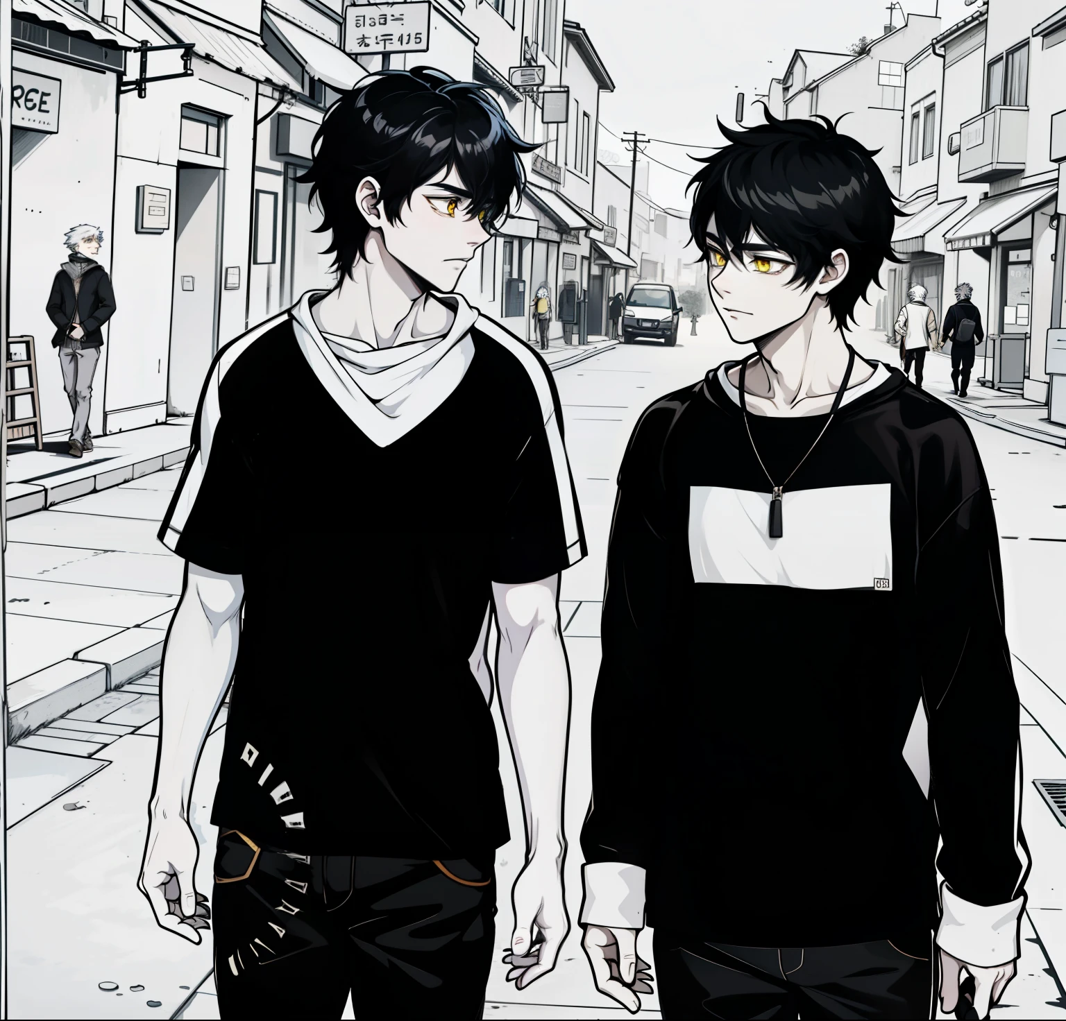 They are talking happily. There are two boys with white hair, 18 years old, they have yellow eyes. They are talking and walking through the streets of a town.