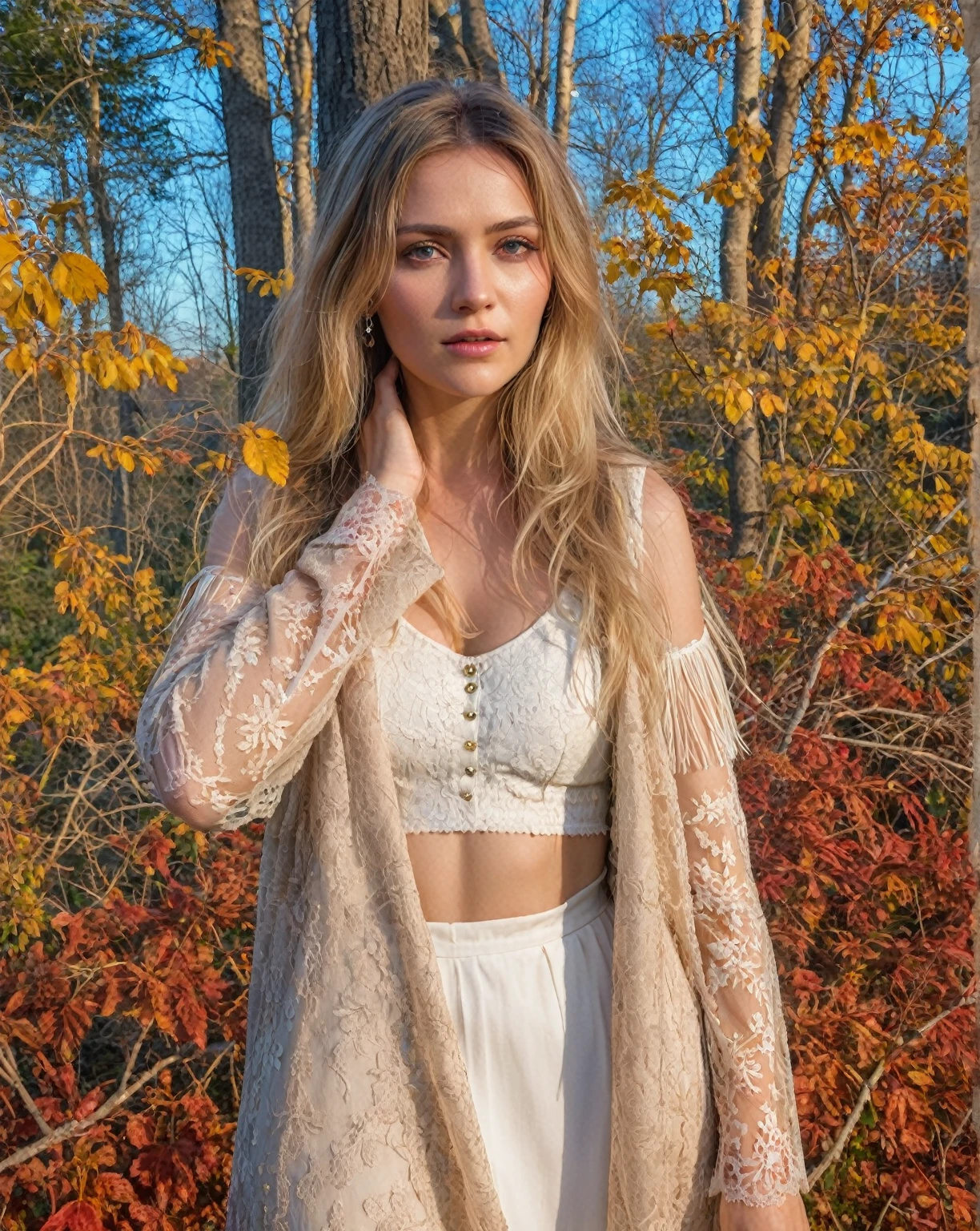 a character photo portrait of a croatian woman with dark blonde hair showing a bohemian style, fringed vest over a long lace dress with bell sleeves., unpack, Light and space, dramatic light on the face, realistic face changing lighting, light falling on the face