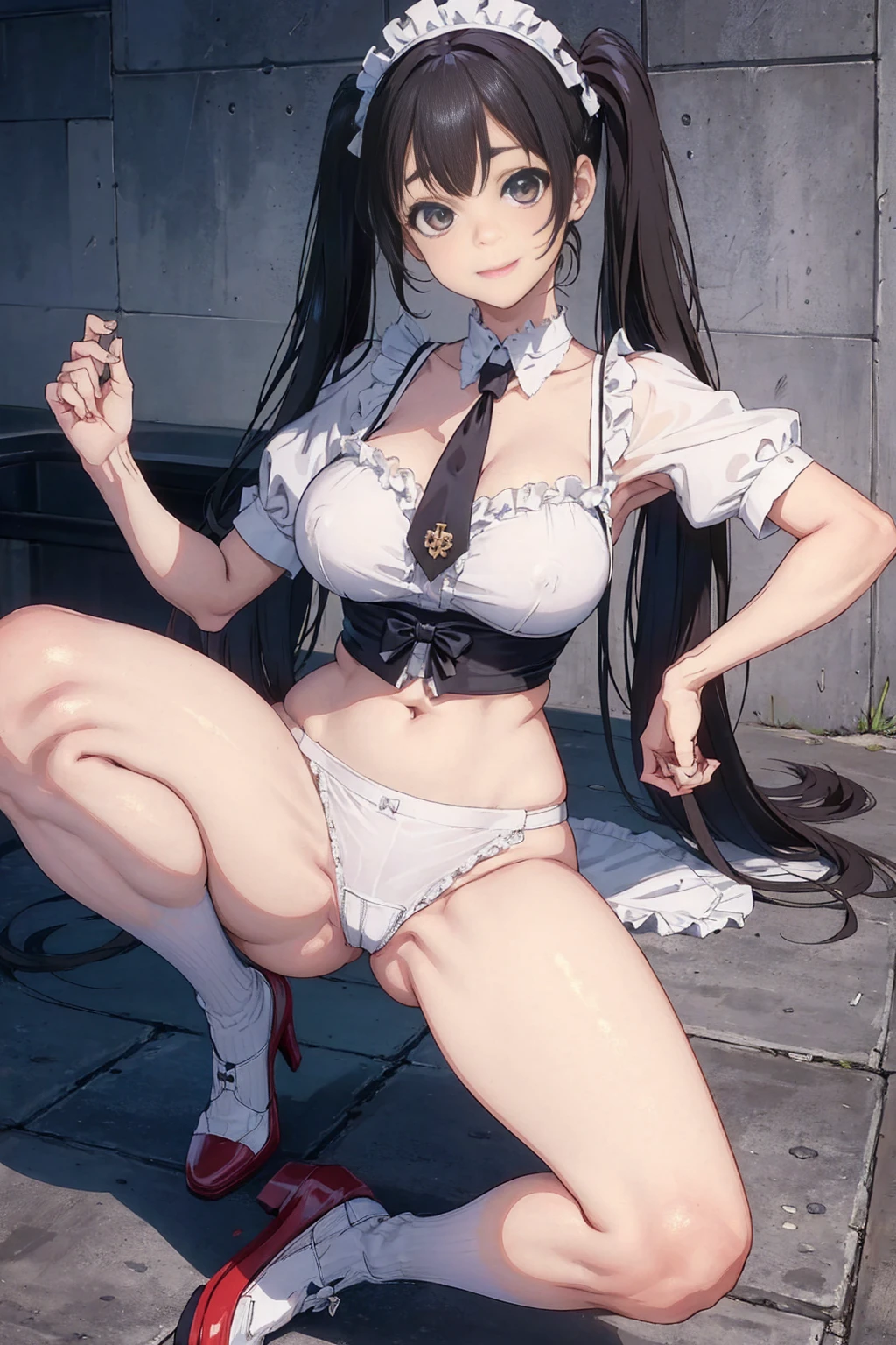 (footjob), Masterpiece、Highest quality、Highest quality, (long and thin legs, shoes:1.2), Arm behind wrist, squat、Spread your legs、1 girl, (smile、Open your mouth大笑い:1.2), Cute eyes, (Detailed face:1.3)、Open your mouth, The whole face turns red, alone, Oversized breasts, Big and ample breasts, (Straight bangs, Twin tails), White maid outfit、Side bust、Underbust、belly button、Walking through the mansion'corridor、nsfw、shoes下