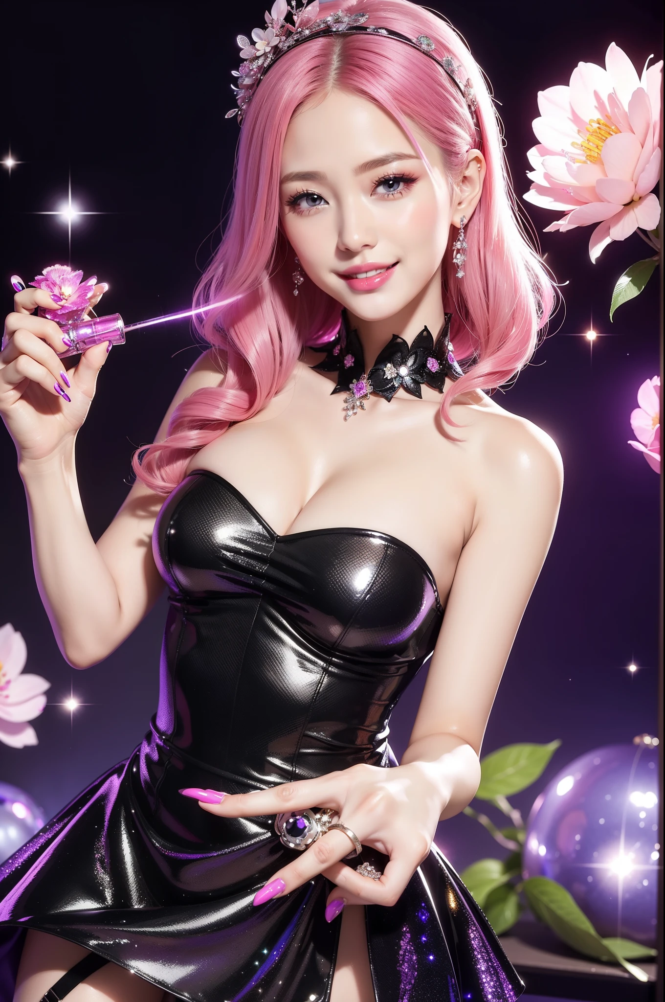 y woman who controls poison、smiling face、lipgloss、intense makeup、look at the camera、full body Esbian、、sparkling poisoned flower costume、、、、sparkling Colorful hair、secrete poison、skull hair accessories, detailed tights、shiny sparkling flowers background