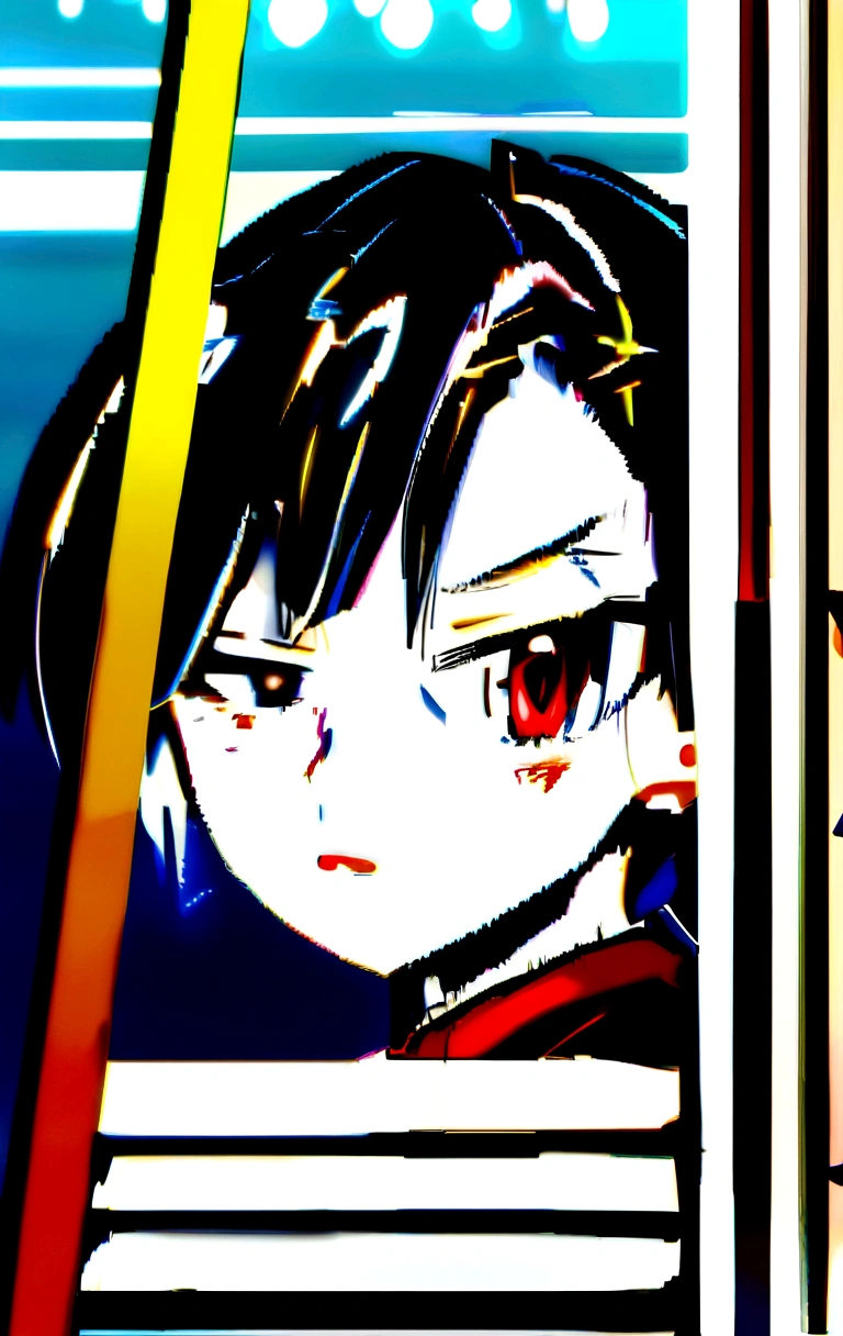 Create an ANIME type girl at the Boku No Hero Academia sports festival with short hair below the ear, black hair with reddish tips, one eye blue and the other red, with a slightly annoyed expression