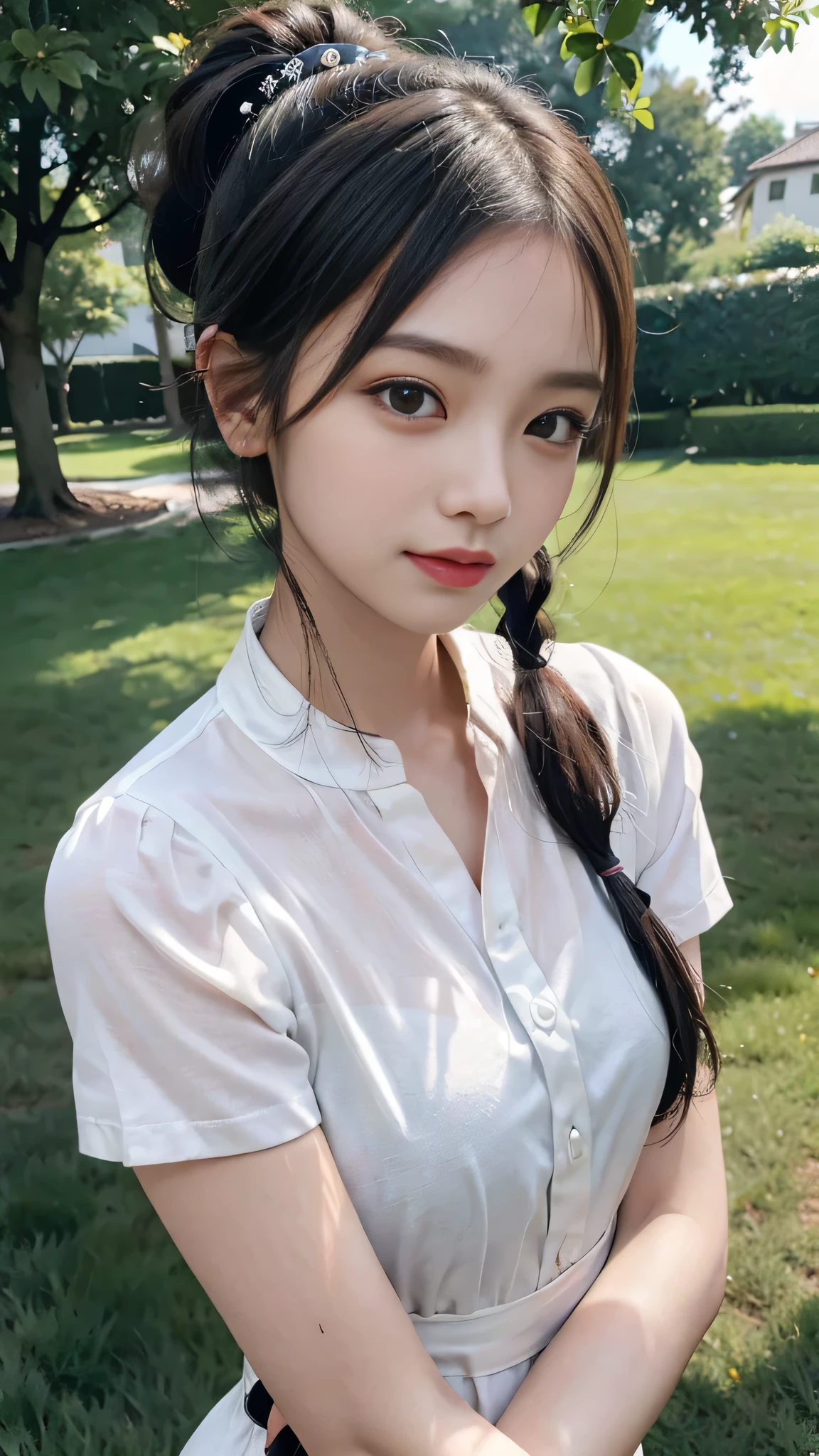 collared dress,European park,On the lawn,One woman,masutepiece, The highest image quality, High quality, the background is clear,Beautiful woman, Japanese,Ultra-detailed, finely detail, hight resolution, 8K Wallpaper, Perfect dynamic composition, Beautiful detailed eyes , Detailed, Detailed eyes, Detailed skin, Beautiful skin, 超hight resolution, (reality: 1.4),Very beautiful woman, Slightly younger face, Beautiful skin, slender, (Ultra photo realsisim), (hight resolution), (8K), (Very detailed) (beautifully detailed eyes), (super detailed), (Detailed face), view the viewer, Fine details, Detailed face, Staring straight ahead, Staring straight ahead, photos realistic, Bright lighting, Professional Lighting, Black hair,poneyTail,a baby face,sixteen years old,Hairstyle: ponytail,Long ponytail hairstyle,slight smile,neat and tidy clothing,Beautiful Japanese KPOP idol photo, hair style is ponytail, my eyes are double and wide, baby face, smile and look straight ahead, slender, small breasts,Close up face,