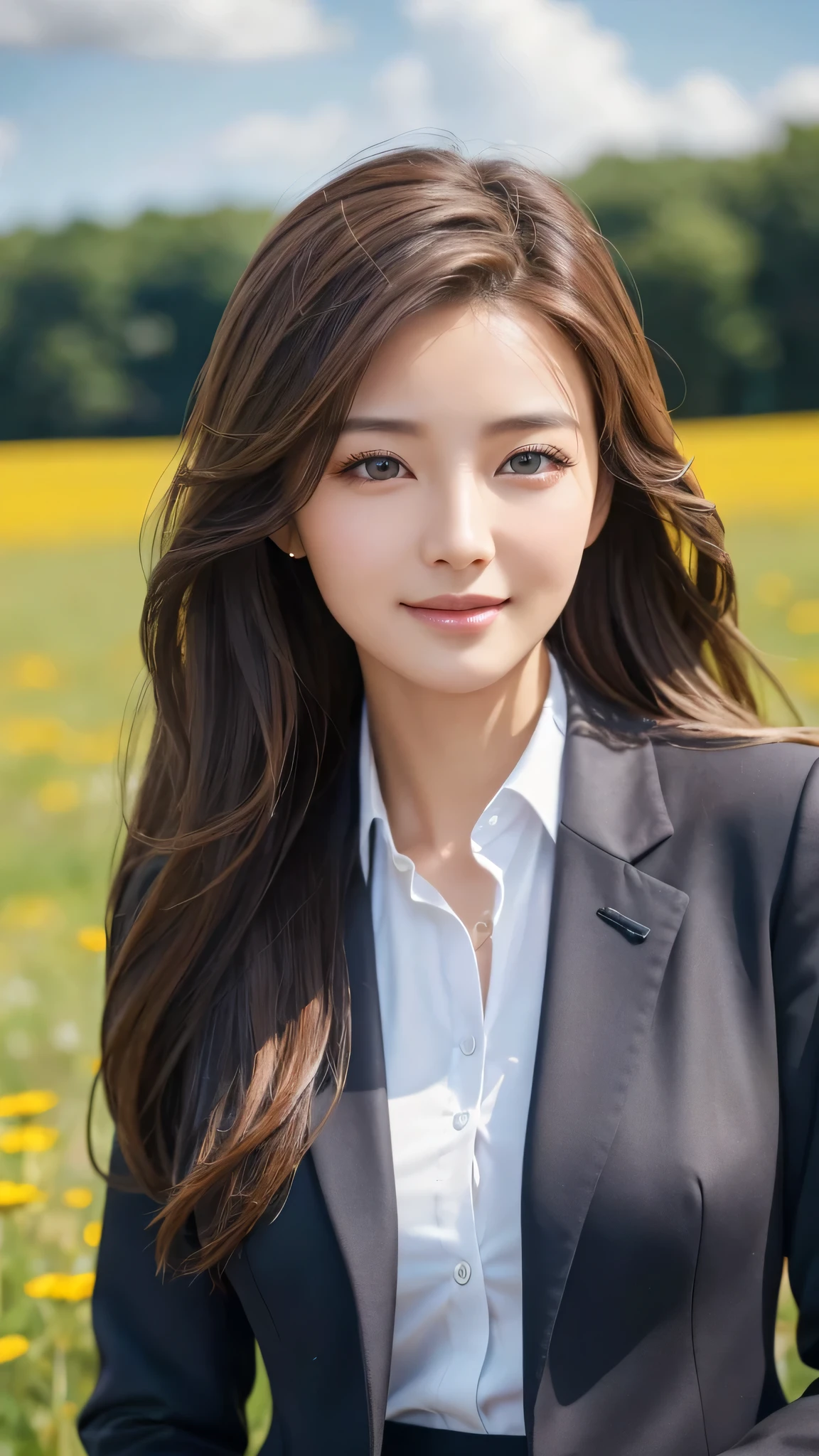 highest quality、genuine、Super detailed、finely、High resolution、8k wallpaper、one beautiful woman、、、light brown disheveled hair、wearing a business suit、sharp focus、perfect dynamic composition、beautiful and detailed eyes、thin hair、Detailed genuine skin texture、smile、model body shape、In a windswept meadow
