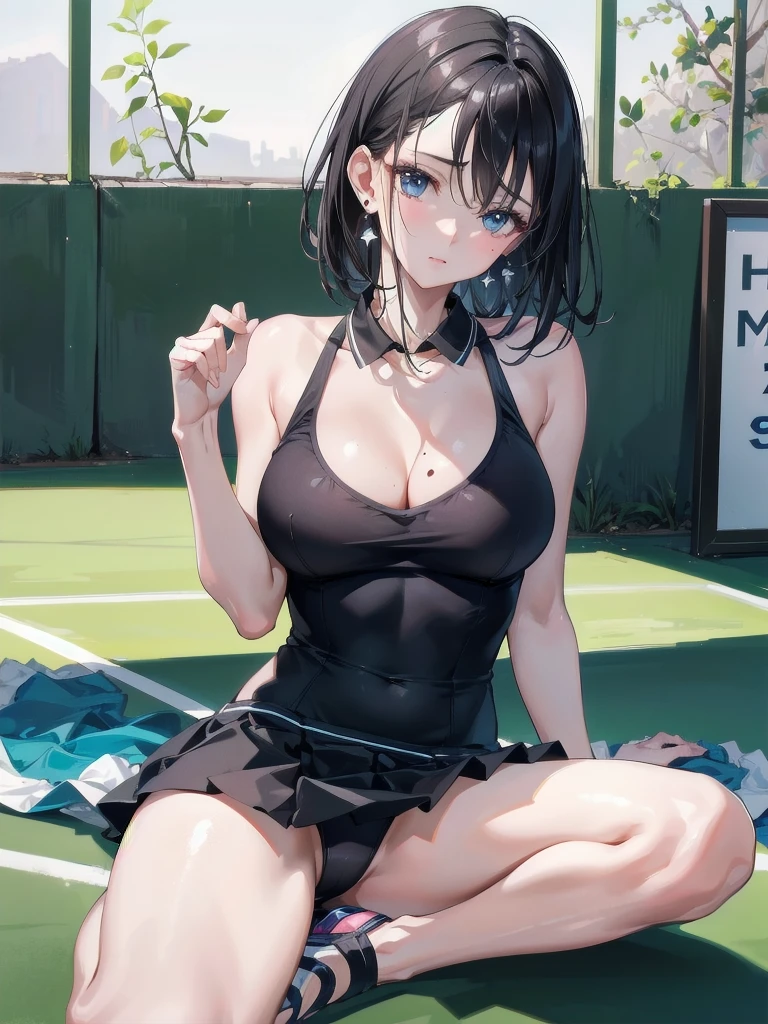 absurdres, RAW photo, extremely delicate and beautiful, masterpiece, Best Quality, ultra high resolution, 32k, hyperrealistic, ultra-detailed, in her 20s, delicate facial features, tearful mole, earring, medium breasts, full body shot, shorter middle hair, black hair, tennis uniform,