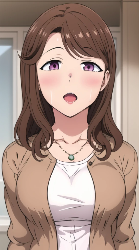 master piece, ((constricted eyes))), surprised, widen eyes,  1girl, hand over mouth, breasts, solo, brown hair, pink eyes, PURPLE SKIRT , large breasts, looking at viewer, BLUSH, open mouth, long hair, collarbone, upper body, necklace, white dress, cardigan, brown jacket, , (((white shirt))), outside, park , mature female,(masterpiece: 1.0), (best_quality: 1.0), ultra high resolution, 4K, ultra detailed, photography, 8K, HDR, highres, absurders:1.2, Kodak portra 400, film grain, blurred background, bokeh:1.2, l (vibrant_color:1.2) (Beautiful), (beautiful_face:1.5),(narrow_waist), anime style, sharp focus, professional artwork,trending on pixiv, detailed bold arm lines, high color saturation, bold lines, bold drawing lines), open mouth, (white skin, (fair skin),
