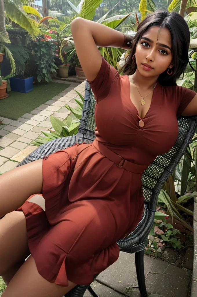 masterpiece:1.2, best quality), (real picture, intricate details), dslr shot of busty sri lankan girl in tight red dress showing her huge sweaty armpits stains