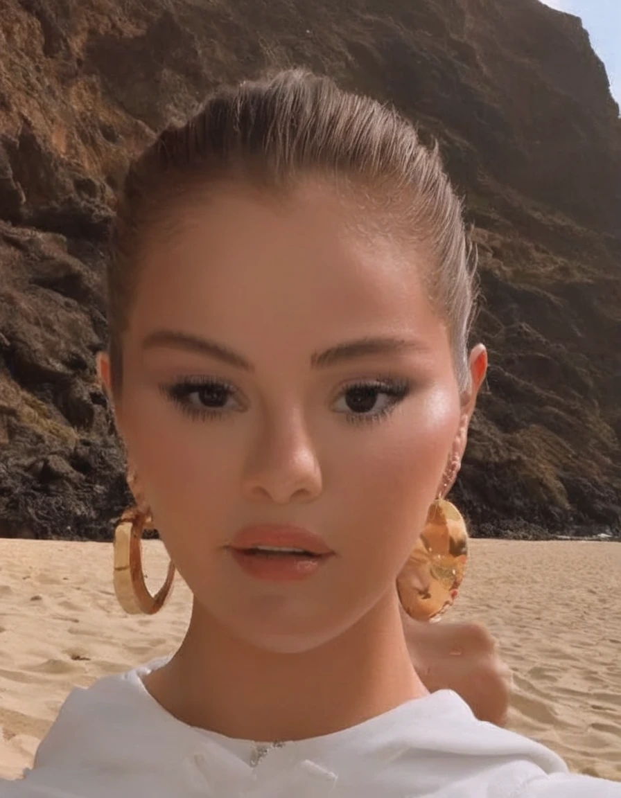 still VHS movie of young (Selena Gomez:0.6) ((ohwx woman)) on a beach in the Canary Islands, by rubio