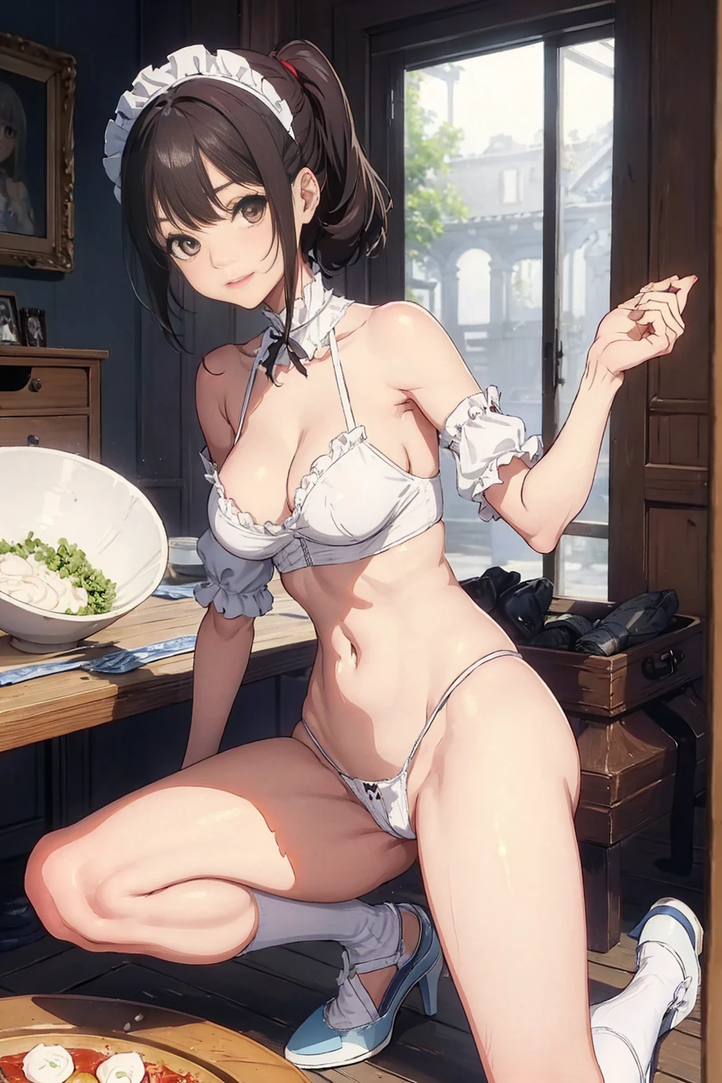 (), Masterpiece、Highest quality、Highest quality, (long and thin legs, shoes:1.2), Arm behind wrist, squat、Spread your legs、1 girl, (smile、Open your mouth大笑い:1.2), Cute eyes, (Detailed face:1.3)、Open your mouth, The whole face turns red, alone, Oversized breastsnd ample breasts, (Strangs, bowl cut), White maid outfit、Side bust、Underbust、belly button、Walking througe mansion&#39;corridor、nsfw、shoes下