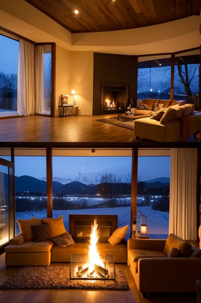 The fireplace is lit and it feels so warm。
There is a comfortable sofa and a glass table.。
