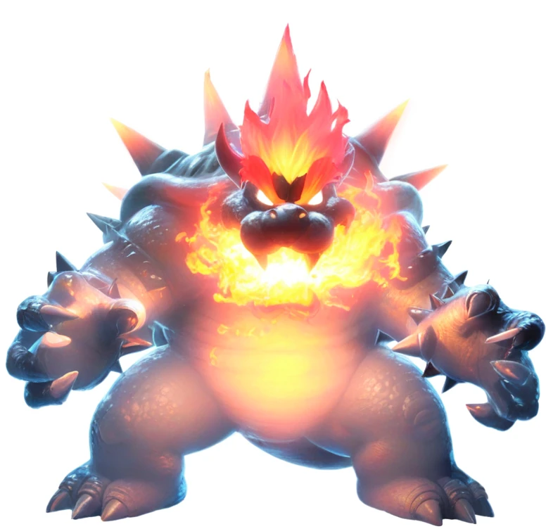 a close up of a cartoon character with a fire face, fire breathing. bowser, bowser, bowser nintendo, roshan, blazing infero, balrog, lava!!!, made of lava, glowing lava!!!, ruler of inferno, mario, final boss, koopa, menacing!!!, cacodemon, official artwork, intense smoldering, fire type