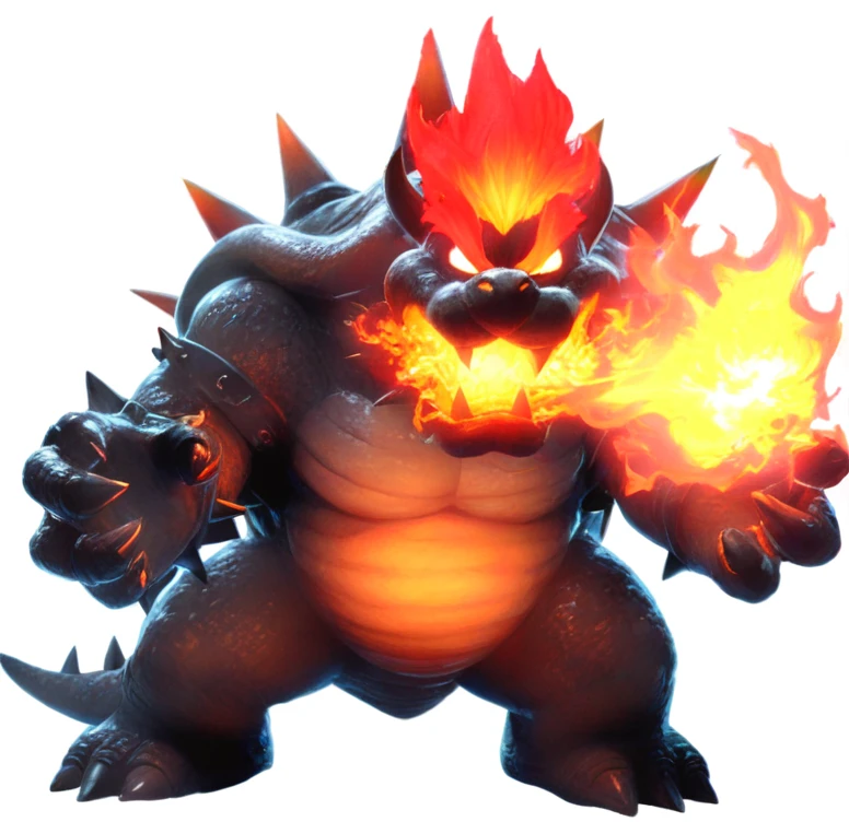 a close up of a cartoon character with a fire face, fire breathing. bowser, bowser, bowser nintendo, roshan, blazing infero, balrog, lava!!!, made of lava, glowing lava!!!, ruler of inferno, mario, final boss, koopa, menacing!!!, cacodemon, official artwork, intense smoldering, fire type