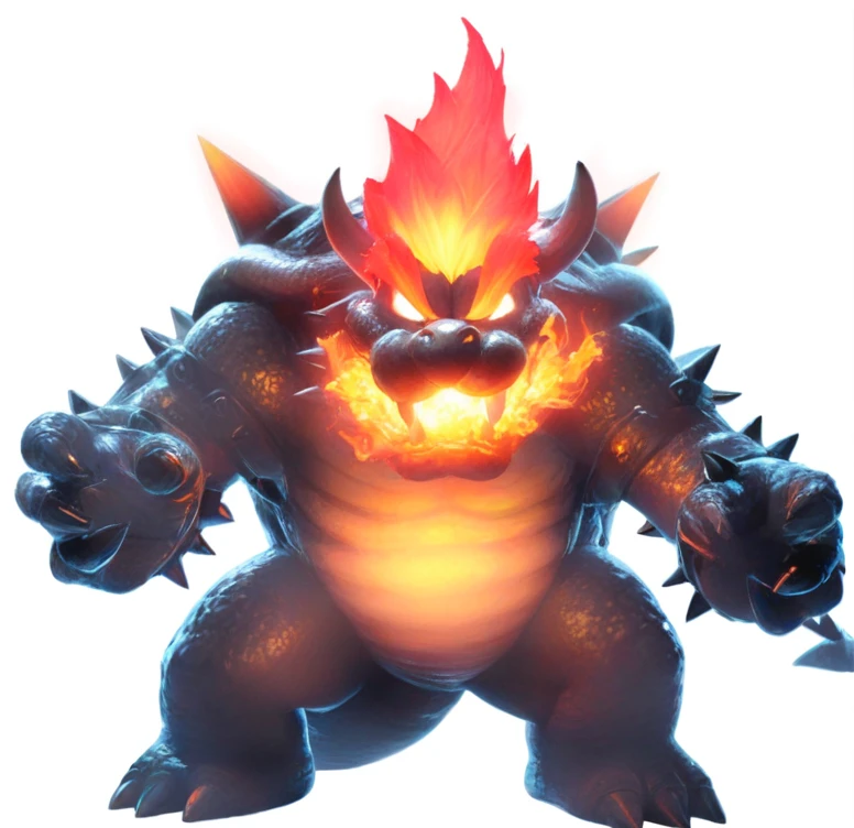 a close up of a cartoon character with a fire face, fire breathing. bowser, bowser, bowser nintendo, roshan, blazing infero, balrog, lava!!!, made of lava, glowing lava!!!, ruler of inferno, mario, final boss, koopa, menacing!!!, cacodemon, official artwork, intense smoldering, fire type