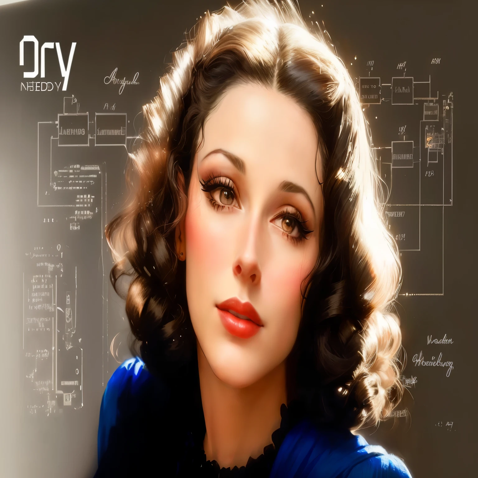 Make an image of a woman's face, based on the face of young Hedy Lamarr, with curly hair in a bun