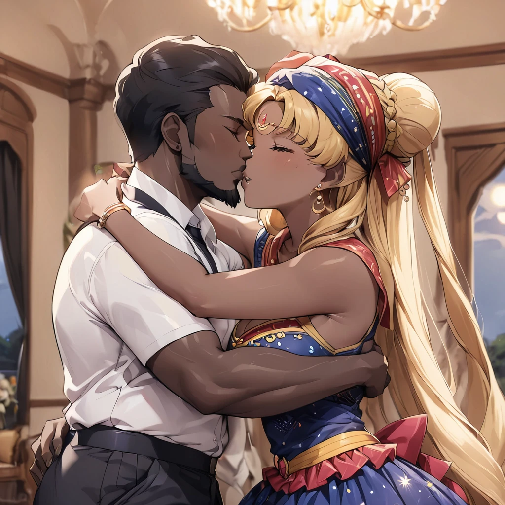((Highest quality)), ((masterpiece)), (detailed), (Perfect Face)、The woman is a Ghanaian born Tsukino Usagi with vivid dark skin and a natural black body. She is wearing a colorful Ghanaian dress, a colorful turban head scarf, gorgeous jeweled accessories and an engagement ring in a luxurious Ghanaian mansion. The man and woman are hugging and kissing each other in a luxurious room, and the woman is hugging and kissing a dignified, strong, bearded, middle-aged Ghanaian man.、The woman is the elegant Tsukino Usagi, with long, naturally curly black hair in a raster style. She is wearing a colorful Ghanaian dress and a colorful turban headscarf. She has vivid dark brown skin. She is a natural black and a Ghanaian.、(The woman is a black Ghanaian with vivid dark brown skin.)、The man was a dignified, muscular, bearded Ghanaian.