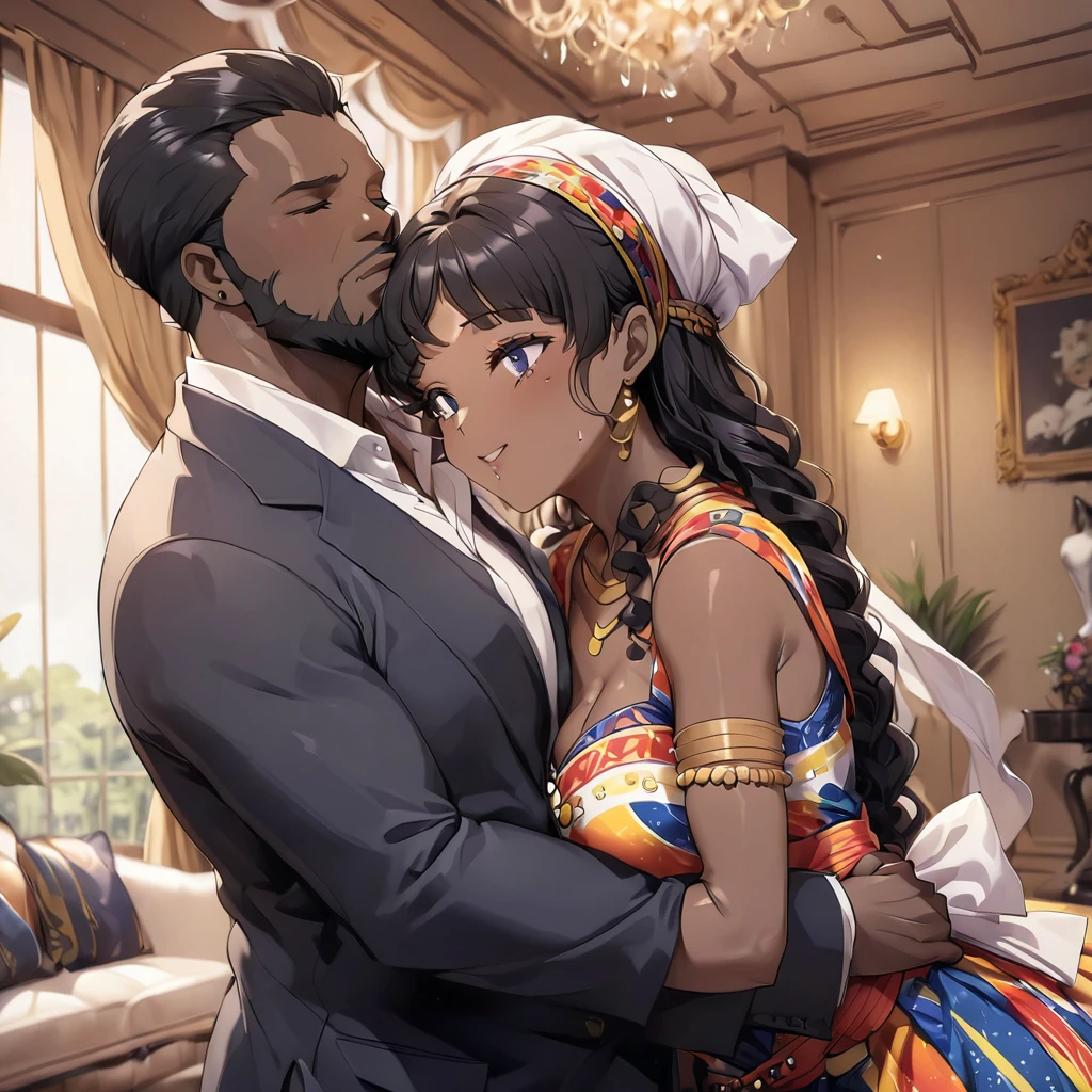 ((Highest quality)), ((masterpiece)), (detailed), (Perfect Face)、The woman is a Ghanaian born Tsukino Usagi with vivid dark skin and a natural black body. She is wearing a colorful Ghanaian dress, a colorful turban head scarf, gorgeous jeweled accessories and an engagement ring in a luxurious Ghanaian mansion. The man and woman are hugging and kissing each other in a luxurious room, and the woman is hugging and kissing a dignified, strong, bearded, middle-aged Ghanaian man.、The woman is the elegant Tsukino Usagi, with long, naturally curly black hair in a raster style. She is wearing a colorful Ghanaian dress and a colorful turban headscarf. She has vivid dark brown skin. She is a natural black and a Ghanaian.、(The woman is a black Ghanaian with vivid dark brown skin.)、The man was a dignified, muscular, bearded Ghanaian.