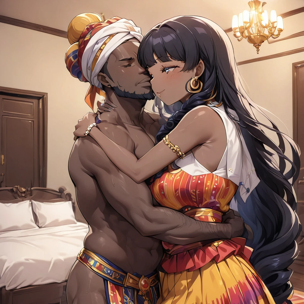 ((Highest quality)), ((masterpiece)), (detailed), (Perfect Face)、The woman is a Ghanaian born Tsukino Usagi with vivid dark skin and a natural black body. She is wearing a colorful Ghanaian dress, a colorful turban head scarf, gorgeous jeweled accessories and an engagement ring in a luxurious Ghanaian mansion. The man and woman are hugging and kissing each other in a luxurious room, and the woman is hugging and kissing a dignified, strong, bearded, middle-aged Ghanaian man.、The woman is the elegant Tsukino Usagi, with long, naturally curly black hair in a raster style. She is wearing a colorful Ghanaian dress and a colorful turban headscarf. She has vivid dark brown skin. She is a natural black and a Ghanaian.、(The woman is a black Ghanaian with vivid dark brown skin.)、The man was a dignified, muscular, bearded Ghanaian.