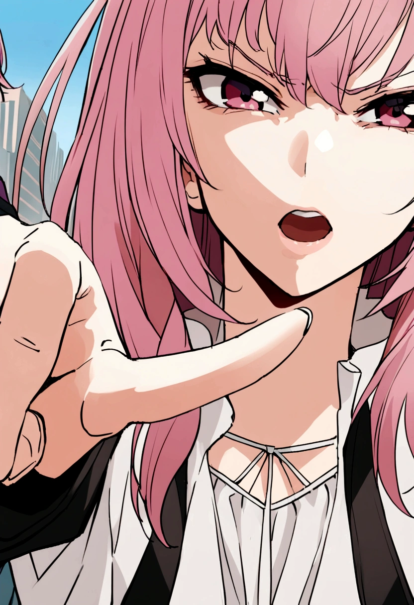 A city girl with pink hair、Middle wind、abuse、Get angry、Hands on hips、Pointing at someone with your finger、On the roadside、Upper body close-up