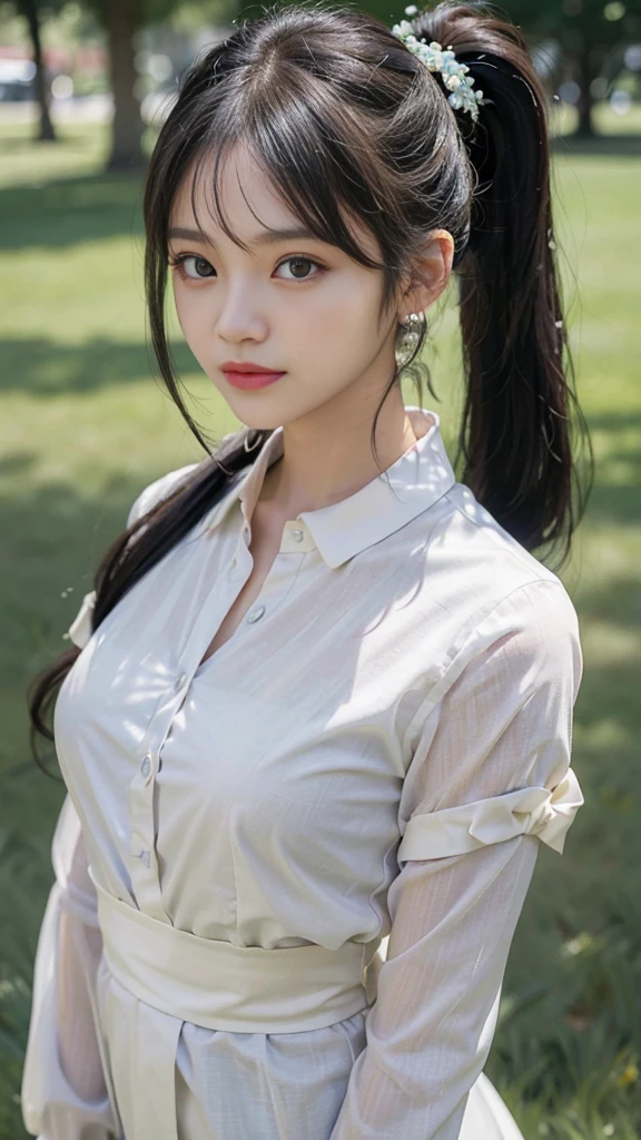 collared dress,european city park,On the lawn,One woman,masutepiece, The highest image quality, High quality, the background is clear,Beautiful woman, Japanese,Ultra-detailed, finely detail, hight resolution, 8K Wallpaper, Perfect dynamic composition, Beautiful detailed eyes , Detailed, Detailed eyes, Detailed skin, Beautiful skin, 超hight resolution, (reality: 1.4),Very beautiful woman, Slightly younger face, Beautiful skin, slender, (Ultra photo realsisim), (hight resolution), (8K), (Very detailed) (beautifully detailed eyes), (super detailed), (Detailed face), view the viewer, Fine details, Detailed face, Staring straight ahead, Staring straight ahead, photos realistic, Bright lighting, Professional Lighting, Black hair,poneyTail,a baby face,sixteen years old,Hairstyle: ponytail,Long ponytail hairstyle,slight smile,neat and tidy clothing,Beautiful Japanese KPOP idol photo, hair style is ponytail, my eyes are double and wide, baby face, smile and look straight ahead, slender, small breasts,Close up face,