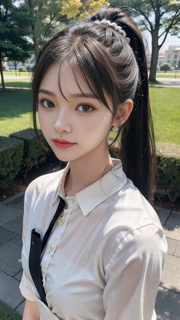 collared dress,european city park,On the lawn,One woman,masutepiece, The highest image quality, High quality, the background is clear,Beautiful woman, Japanese,Ultra-detailed, finely detail, hight resolution, 8K Wallpaper, Perfect dynamic composition, Beautiful detailed eyes , Detailed, Detailed eyes, Detailed skin, Beautiful skin, 超hight resolution, (reality: 1.4),Very beautiful woman, Slightly younger face, Beautiful skin, slender, (Ultra photo realsisim), (hight resolution), (8K), (Very detailed) (beautifully detailed eyes), (super detailed), (Detailed face), view the viewer, Fine details, Detailed face, Staring straight ahead, Staring straight ahead, photos realistic, Bright lighting, Professional Lighting, Black hair,poneyTail,a baby face,sixteen years old,Hairstyle: ponytail,Long ponytail hairstyle,slight smile,neat and tidy clothing,Beautiful Japanese KPOP idol photo, hair style is ponytail, my eyes are double and wide, baby face, smile and look straight ahead, slender, small breasts,Close up face,