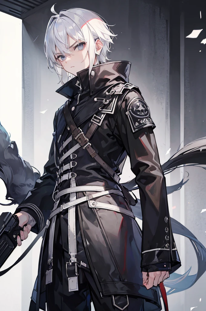 boy, white hair, black eyes, black hunter clothing, serious face