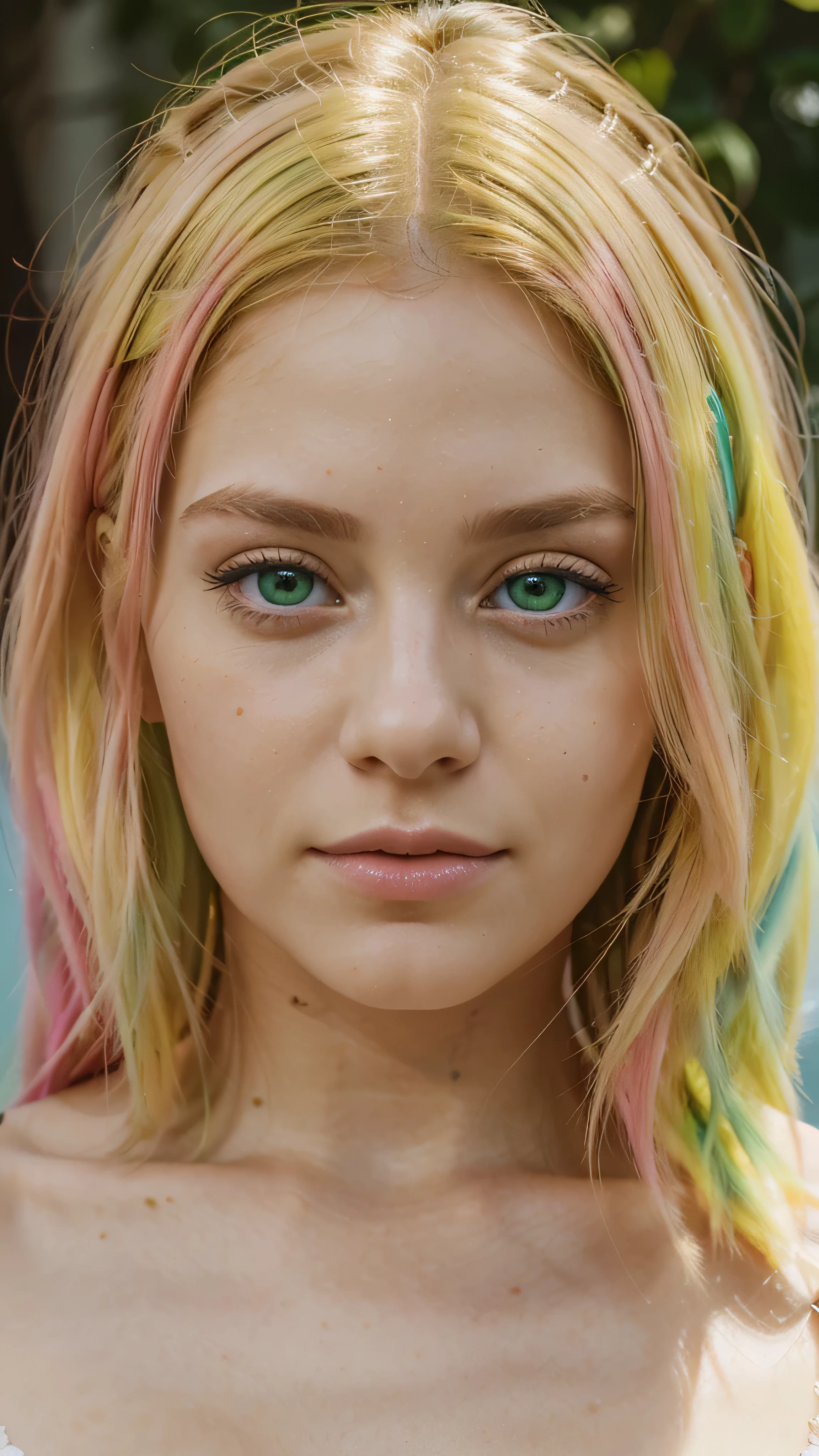 8k, close up photo-realistic portrait of beautiful 19 year European girl, ((yellow and pink hair, , light green eyes,  ))