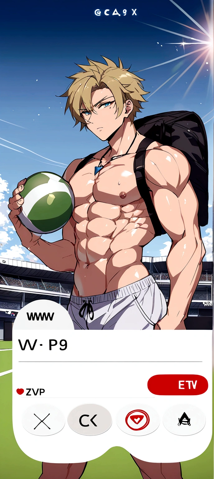 anime boy, muscular, sportsman, sexy body, short short, touching his penis