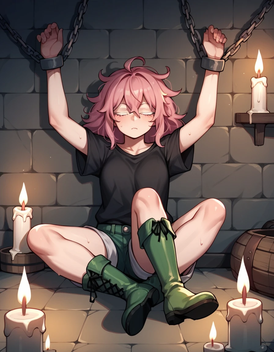 score_9, score_8_up, score_7_up, score_6_up, score_5_up, score_4_up, source_anime, 1girl,sleeping,On his knees, pink hair,loose hair, white eyes,a confused face, w-w-chain, spread arms,crossed legs, messy hair, black shirt,shorts,thigh high sweaty boots, green boots,evening,candles,dungeon, best quality, best res, 4K UHD,