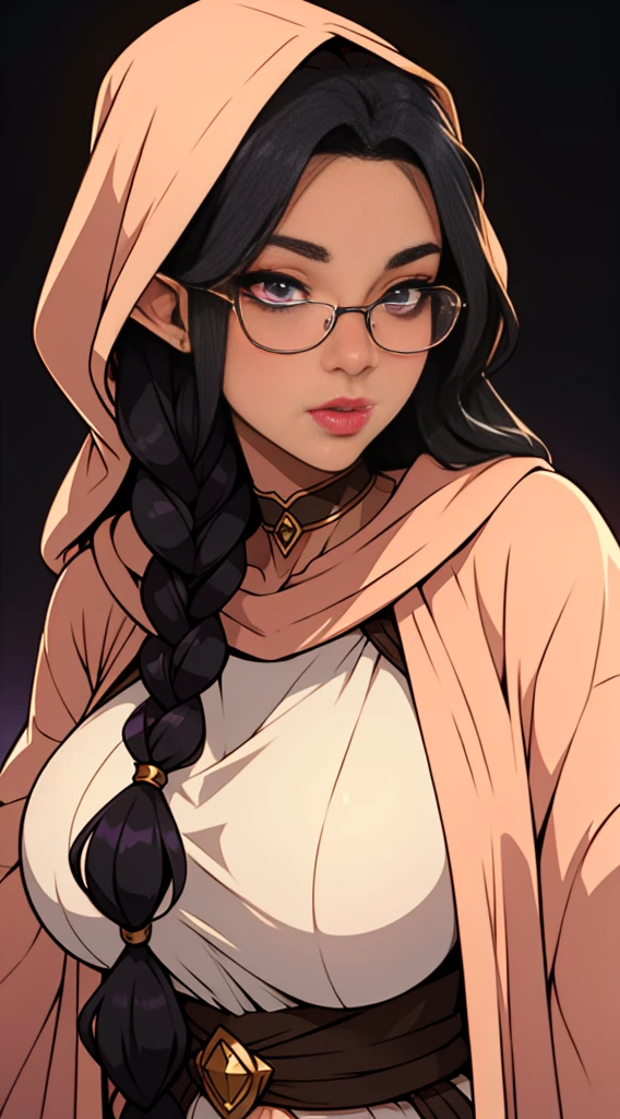 Solo, female Elf, purple skin, Black braids, (((long hair))), light mahogany hair, peach lipstick, eyeliner, eyelashes, thick eyelashes, big breasts, cream linen tunic, (peach cloak), glasses, fantasy village, mature female