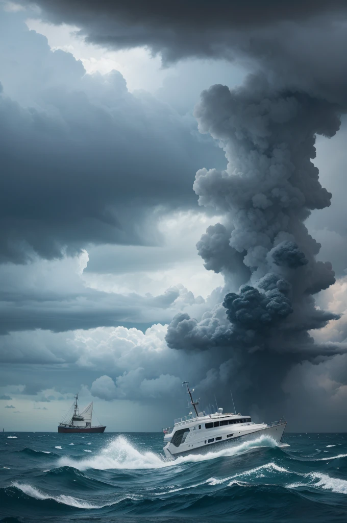 1. **Create a new layer** to the bottom of the sea storm.
2. **Add a sea storm image** Ao fundo da cena.
3. **Incorporate an image of a sinking boat** to the right of the storm.
4. **Place Poseidon** To the left of the scene, apparently attacking the boat.
5. **Adjust the layers** so that Poseidon appears integrated into the scene, considering the scale and environment of the storm.
6. **Finish the composition** adjusting transparency levels, shadow and light to create a cohesive and dramatic visual effect.