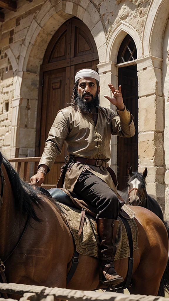 A medieval Arab man riding a horse addresses people and waves his hand