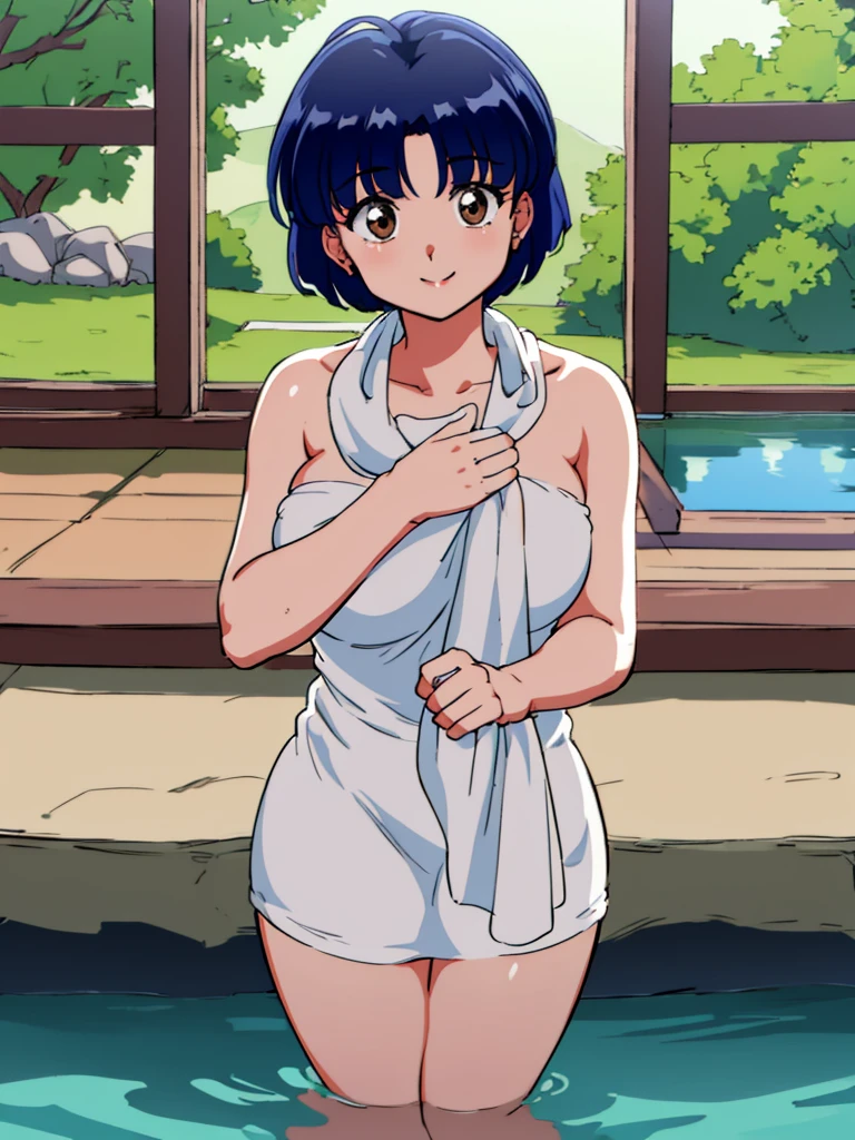 HDR, CG, sharp focus, (8k), (4k), masterpiece, best quality, detailed skin, extremely detailed, hiper detailed, sharp focus, looking at viewer, high quality, AKANE, Akane tendou, short hair, blue hair, brown eyes , tetas grandes, solo, 1girl, hands on chest,  towel, waving, happy smile, hot springs, inside water, 
