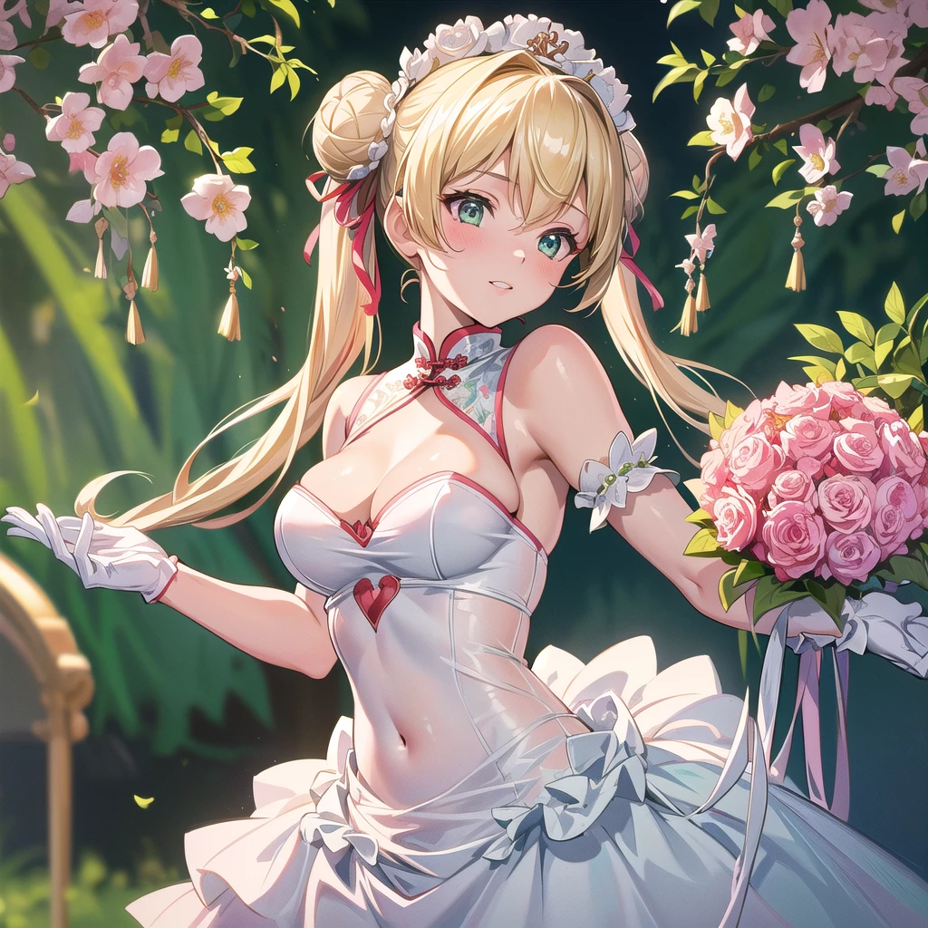 20 years old,1 girl,hyperrealistic, 8k, (extremely detailed 8k), (very delicate and beautiful), (masterpiece), (better quality:1.0), (ultra high resolution:1.0), (masterpiece, best quality), cute,blonde,cleavage cutout,(broen dress:1.3),(crop top navel:1),gleaming skin,twintails,twin bun,a red ribbon on the head,long hair,light green frill Chinese-made dress,white long gloves,delighted,pink border,hold a bouquet of flowers,from the front,a bunch of flowers,POV,bust shot