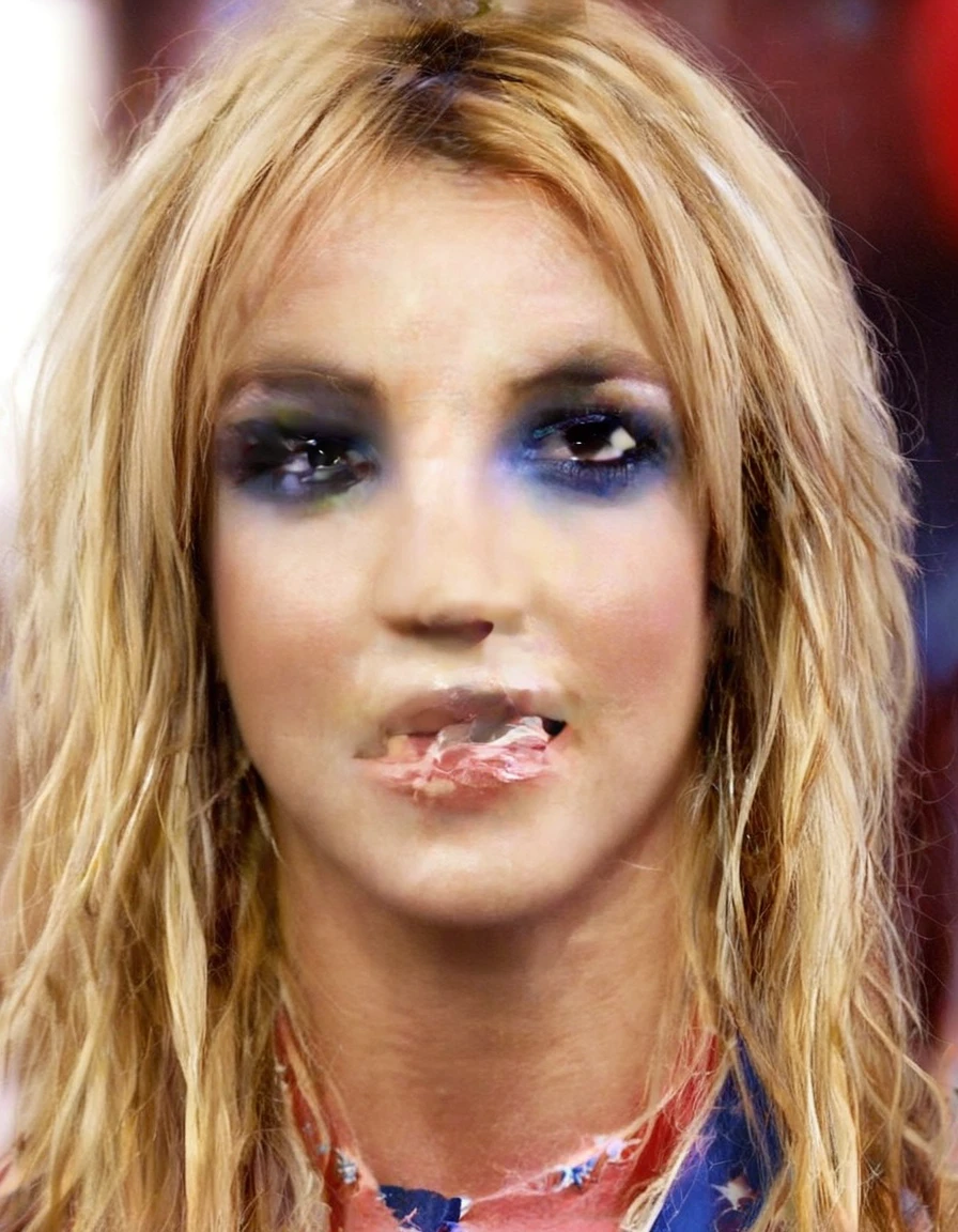 Close up Picture of (Britney Spears:0.6)  ((ohwx mujer)) with long blonde hair and blue eyeshadow Holding the American flag while fireworks happen in the background, 4th of July 