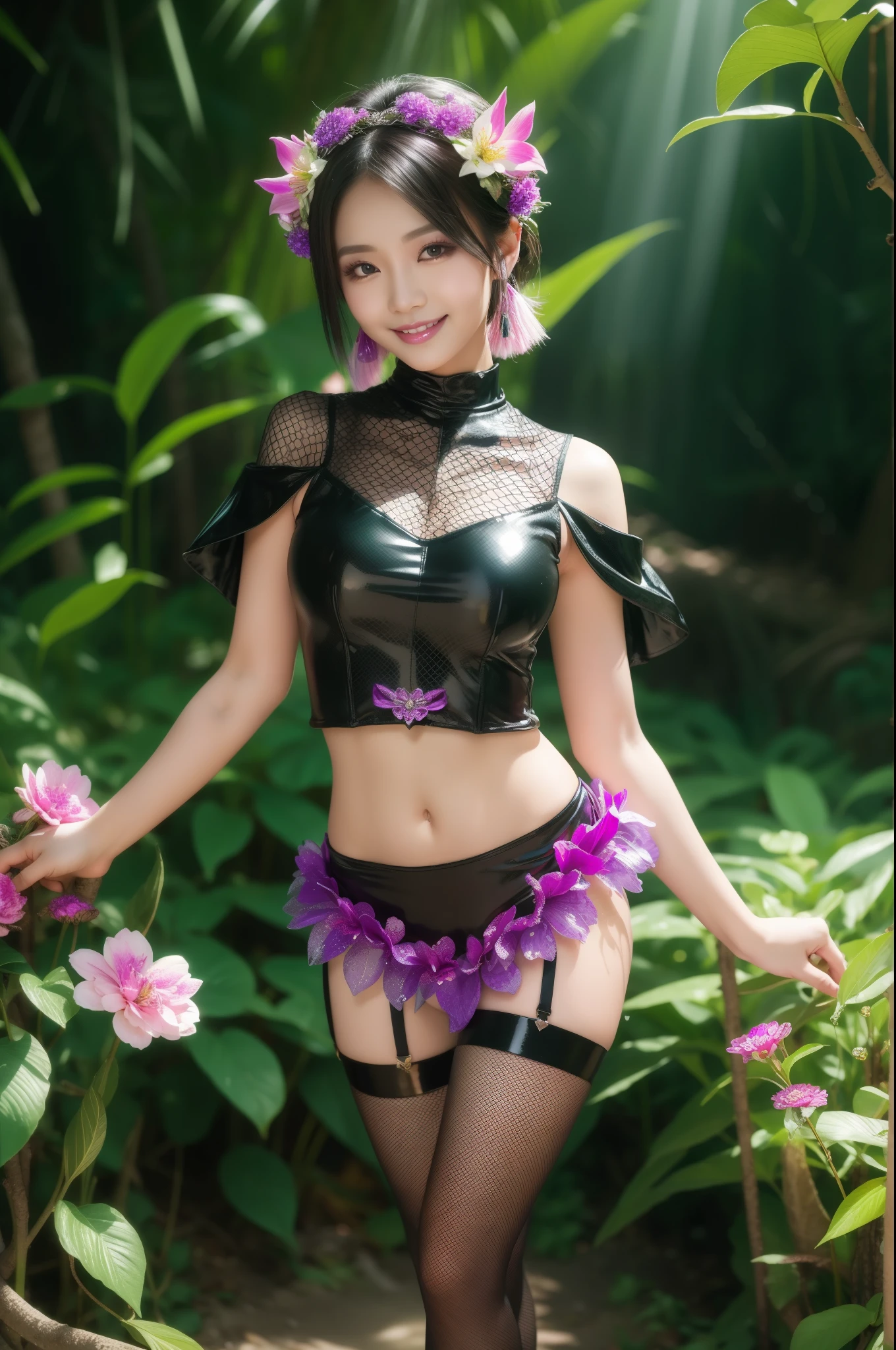 sexy Thai model who controls poison、beautiful smile、lipgloss、dramatic makeup、look at the camera、full body Esbian、、sparkling poisoned enchanted flower costume、、、、shiny sparkling colorful short hair、secrete poison、skull hair accessories、fishnet tights、shiny sparkling dark magic forest background