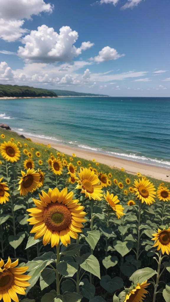 Sea with daisies and sunflowers