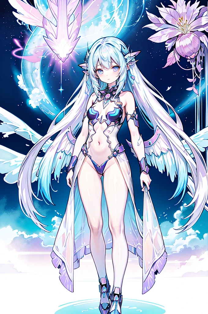 A shimmering cybernetic mauve-tinted nymph, her metallic wings catching the light in a mesmerizing display of iridescence. This striking concept art is a digitally rendered painting, showcasing intricate details and vibrant colors. The nymph's sleek, futuristic design is accented by translucent holographic patterns flowing across her body, giving her an ethereal and otherworldly appearance. The image radiates a sense of mystery and elegance, inviting viewers to imagine a world where technology and nature seamlessly intertwine.