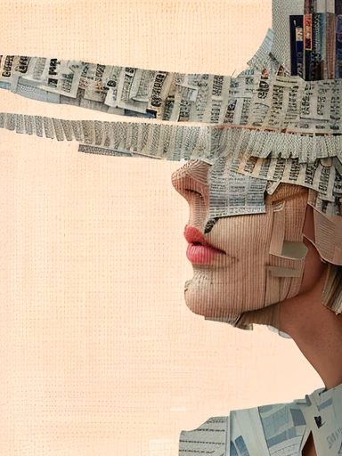 there is a woman with a tape over her head and a pair of scissors, face obscured, face partially obscured, ( collage ), a contemporary artistic collage, paper collage, cut out collage, text and a pale young woman, digital collage, paper cut out collage artwork, cut up collage, paper collage art, newspaper collage, cut-out paper collage