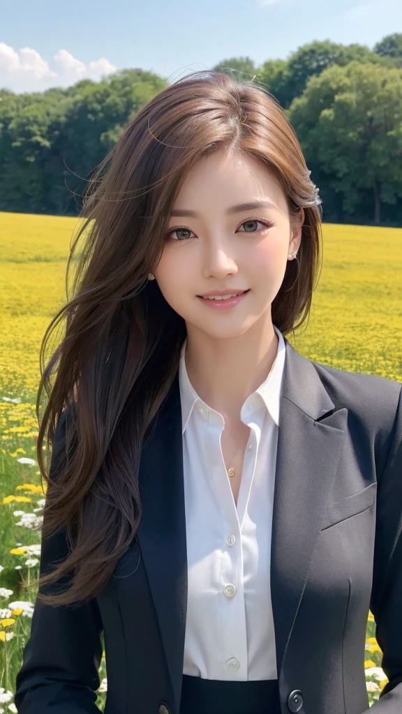 highest quality、genuine、Super detailed、finely、High resolution、8k wallpaper、one beautiful woman、、、light brown disheveled hair、wearing a business suit、sharp focus、perfect dynamic composition、beautiful and detailed eyes、thin hair、Detailed genuine skin texture、smile、model body shape、In a windswept meadow