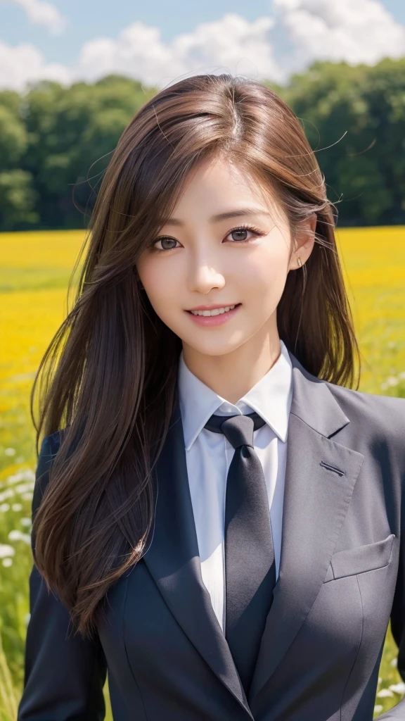 highest quality、genuine、Super detailed、finely、High resolution、8k wallpaper、one beautiful woman、、、light brown disheveled hair、wearing a business suit、sharp focus、perfect dynamic composition、beautiful and detailed eyes、thin hair、Detailed genuine skin texture、smile、model body shape、In a windswept meadow