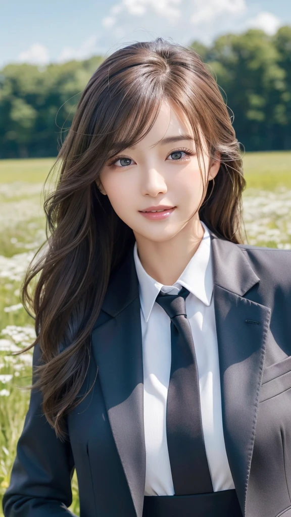 highest quality、genuine、Super detailed、finely、High resolution、8k wallpaper、one beautiful woman、、、light brown disheveled hair、wearing a business suit、sharp focus、perfect dynamic composition、beautiful and detailed eyes、thin hair、Detailed genuine skin texture、smile、model body shape、In a windswept meadow