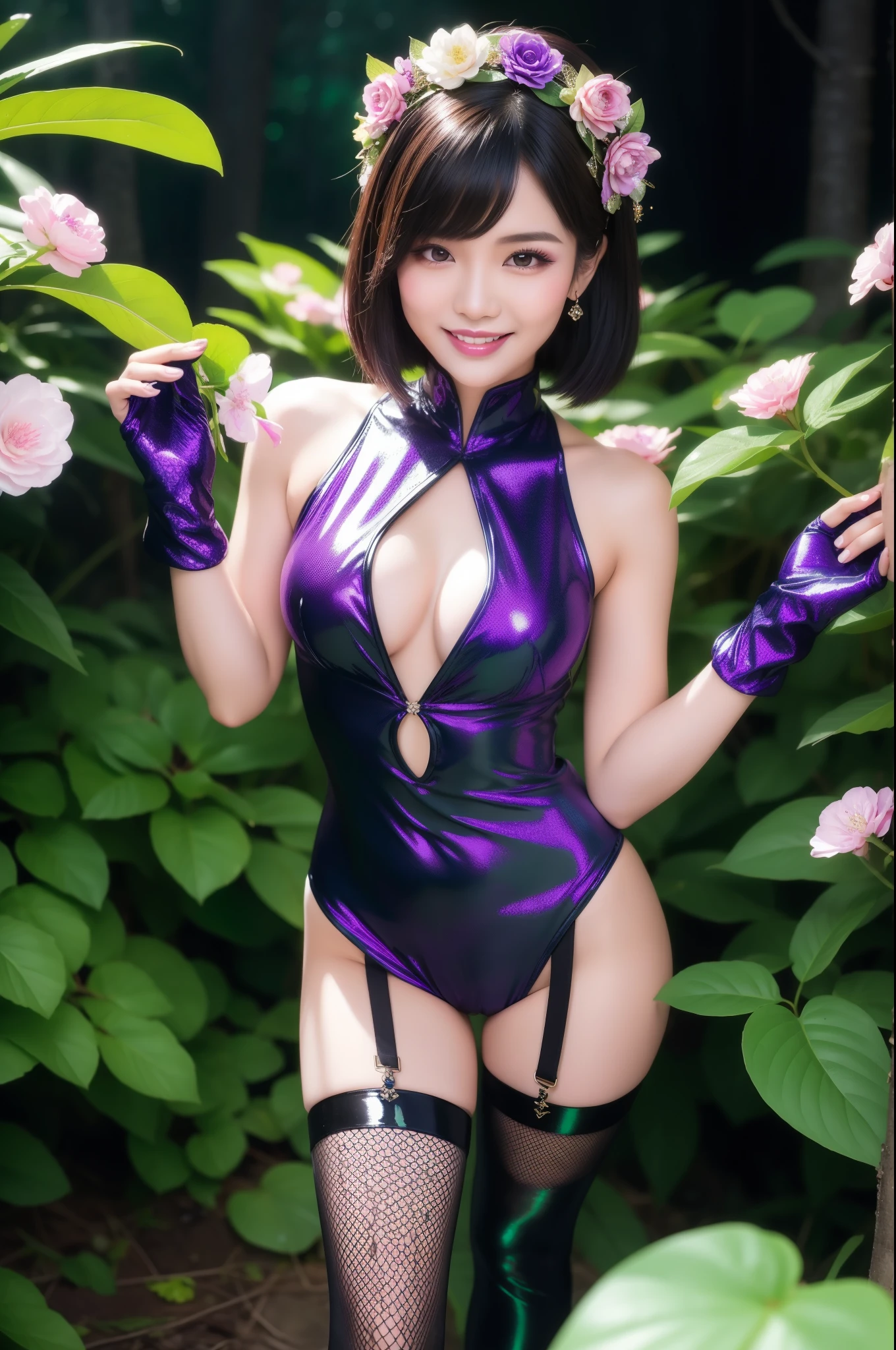 sexy Thai model who controls poison、beautiful smile、lipgloss、dramatic makeup、look at the camera、full body Esbian、、sparkling poisoned enchanted flower costume、、、、shiny sparkling colorful short hair、secrete poison、skull hair accessories、fishnet tights、shiny sparkling dark magic forest background