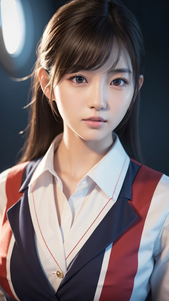 A beautiful young Japanese woman, around 20 years old, wearing a stewardess uniform, ultra-detailed, 8K resolution, highly realistic, cinematic lighting, best quality, masterpiece, photorealistic, physically-based rendering, extremely detailed, vivid colors, professional, sharp focus, studio lighting