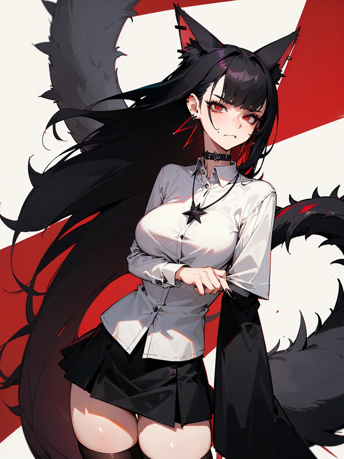 ((Long Straight Black hair)), Perfect face, Choker, Punk earrings, ((Tall)), ((High Quality)), Necklace, ((Mature)), Pretty Eyes, Sharp Nails, Bangs, ((1 Girl)), ((Multiple Earrings)), 1 girl, Spiky Earrings, Adult, Spiked Collar, Thin Eyelashes, Plain Background, Red Colors in Background, Cat Girl, Long Tail, Large Tail, Massive Tail, Black Tail, ((Black Goth Mini Skirt)), ((White Shirt)), Close Up, Very Short Mini Skirt, Tall, Long Legs, Sexy Thigh Highs, ((Very Disgusted)), Dynamic Pose, Disgusted Face,
